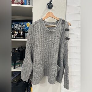 Gray Cable Knit Sweater with Buckle Details